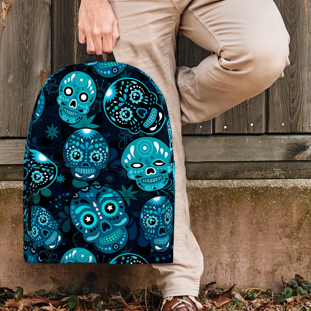 Blue Sugar Skull Print Backpack-grizzshop