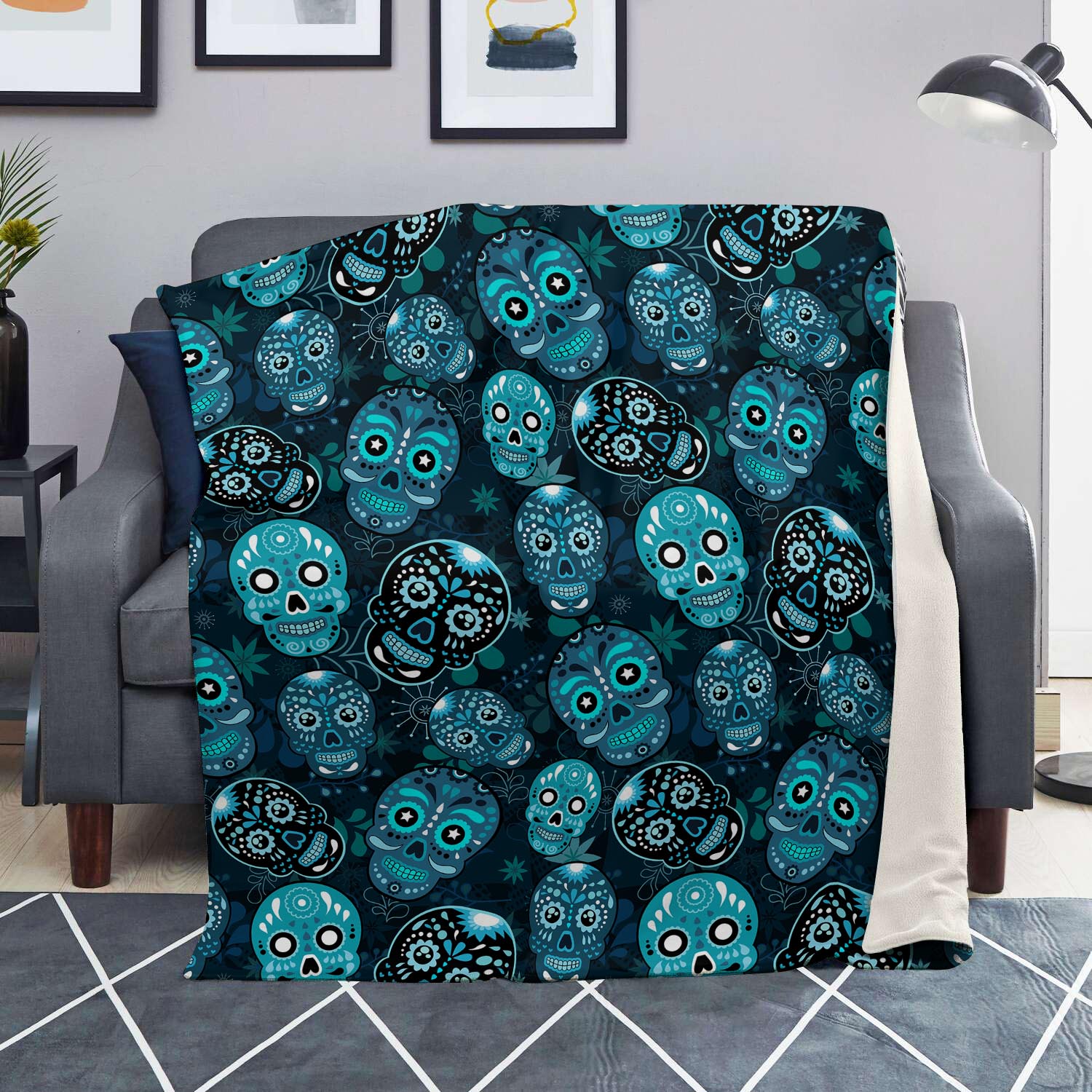 Blue Sugar Skull Print Blanket-grizzshop