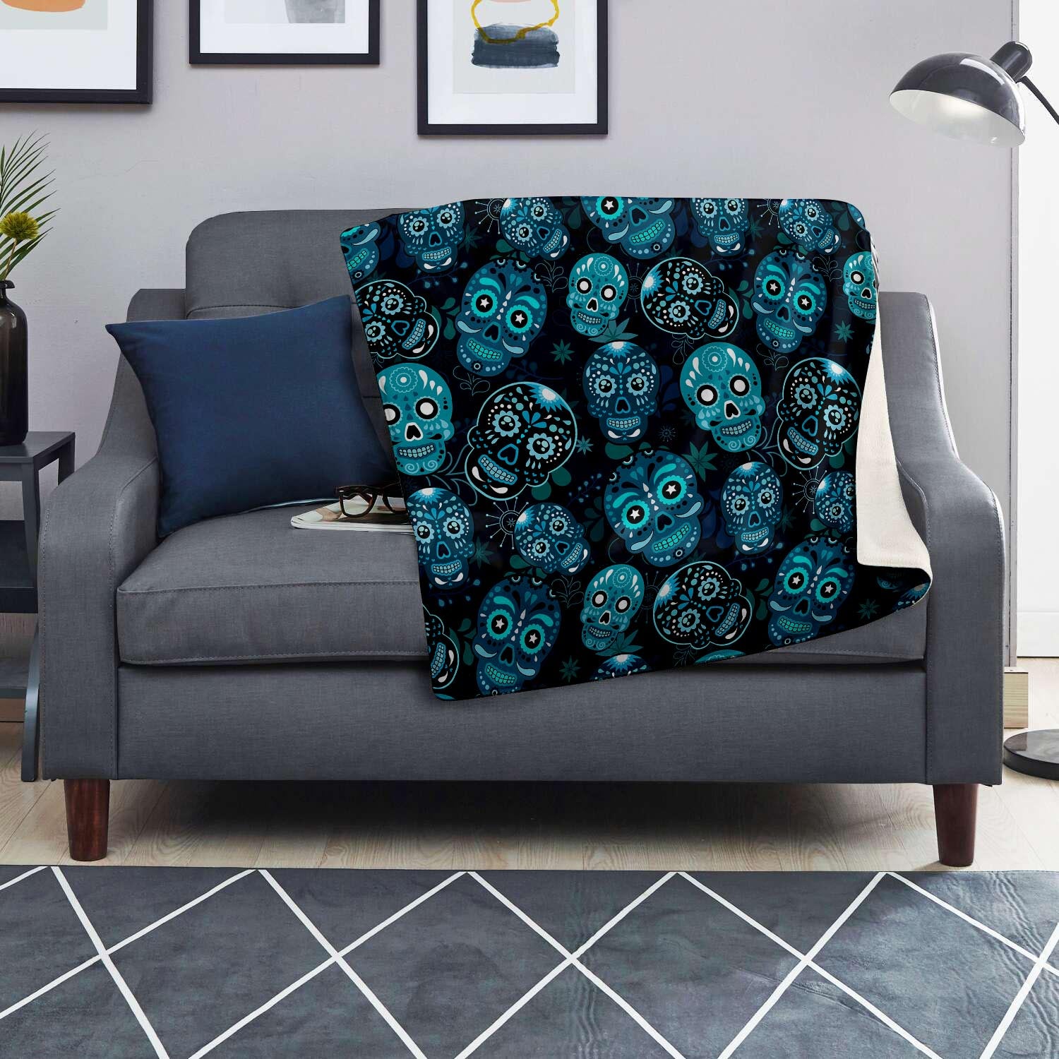 Blue Sugar Skull Print Blanket-grizzshop