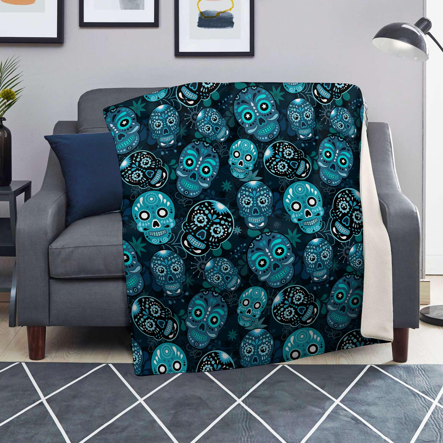 Blue Sugar Skull Print Blanket-grizzshop