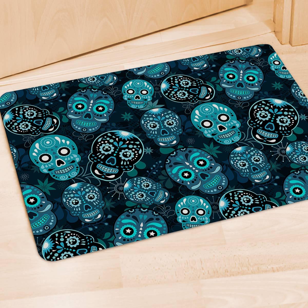 Blue Sugar Skull Print Door Mat-grizzshop