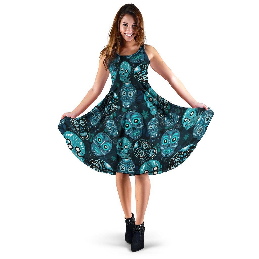 Blue Sugar Skull Print Dress-grizzshop