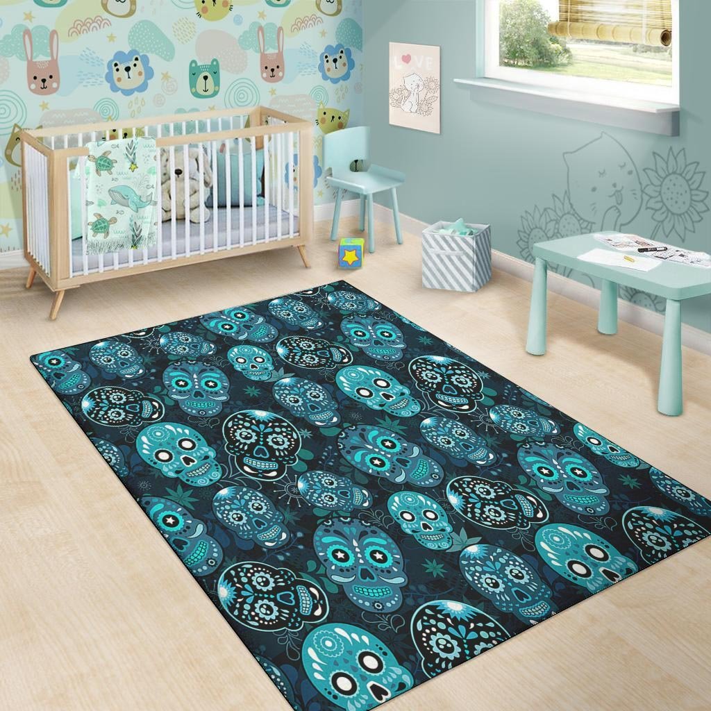 Blue Sugar Skull Print Floor Mat-grizzshop