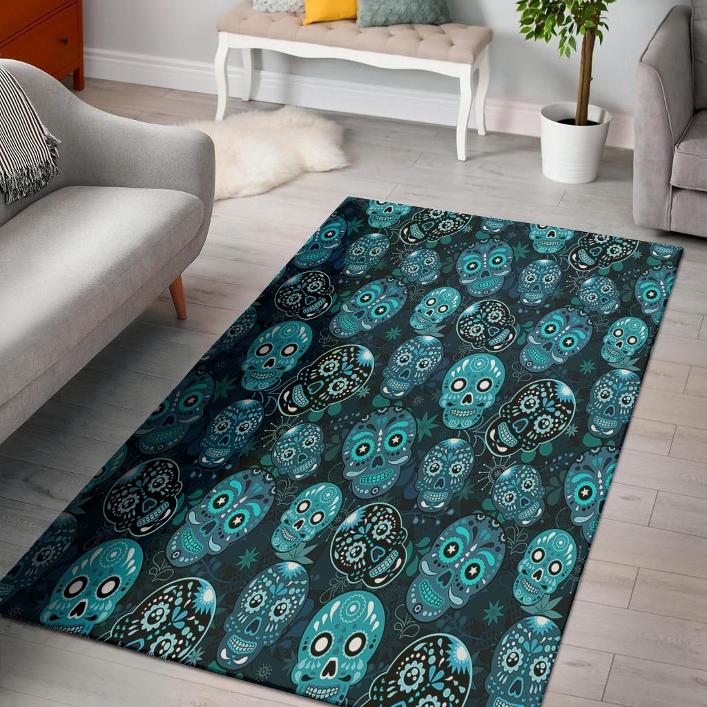 Blue Sugar Skull Print Floor Mat-grizzshop