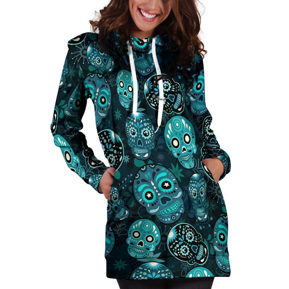 Blue Sugar Skull Print Hoodie Dress-grizzshop