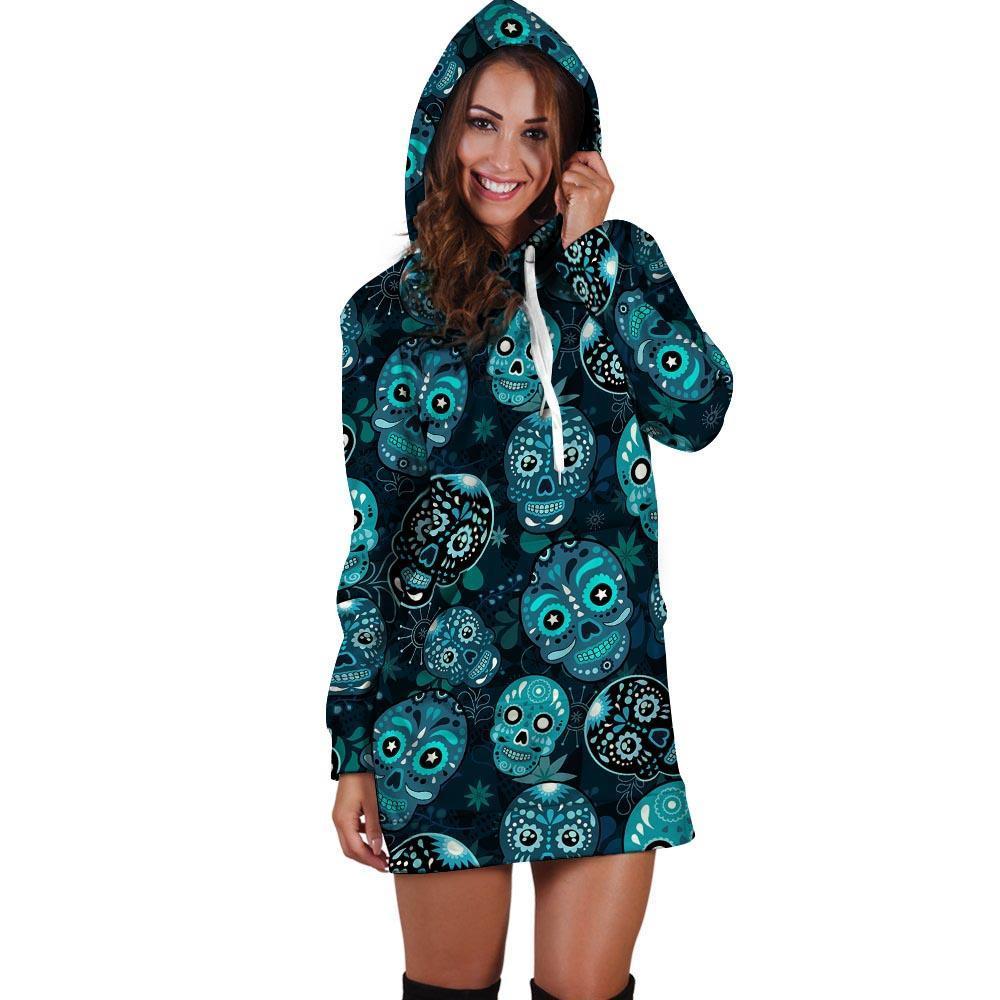 Blue Sugar Skull Print Hoodie Dress-grizzshop