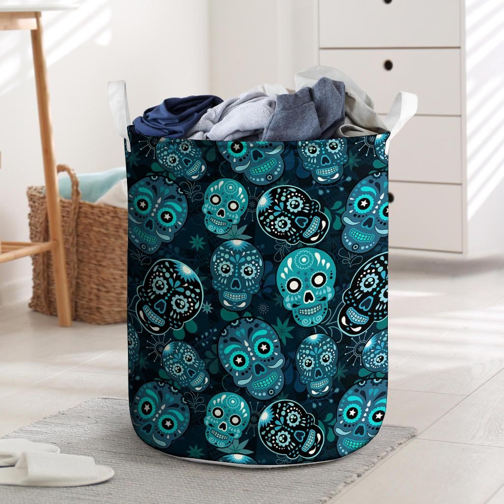 Blue Sugar Skull Print Laundry Basket-grizzshop