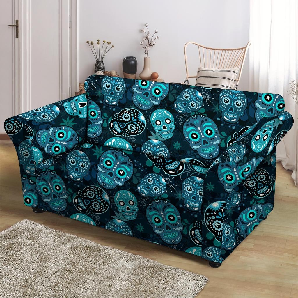 Blue Sugar Skull Print Loveseat Cover-grizzshop