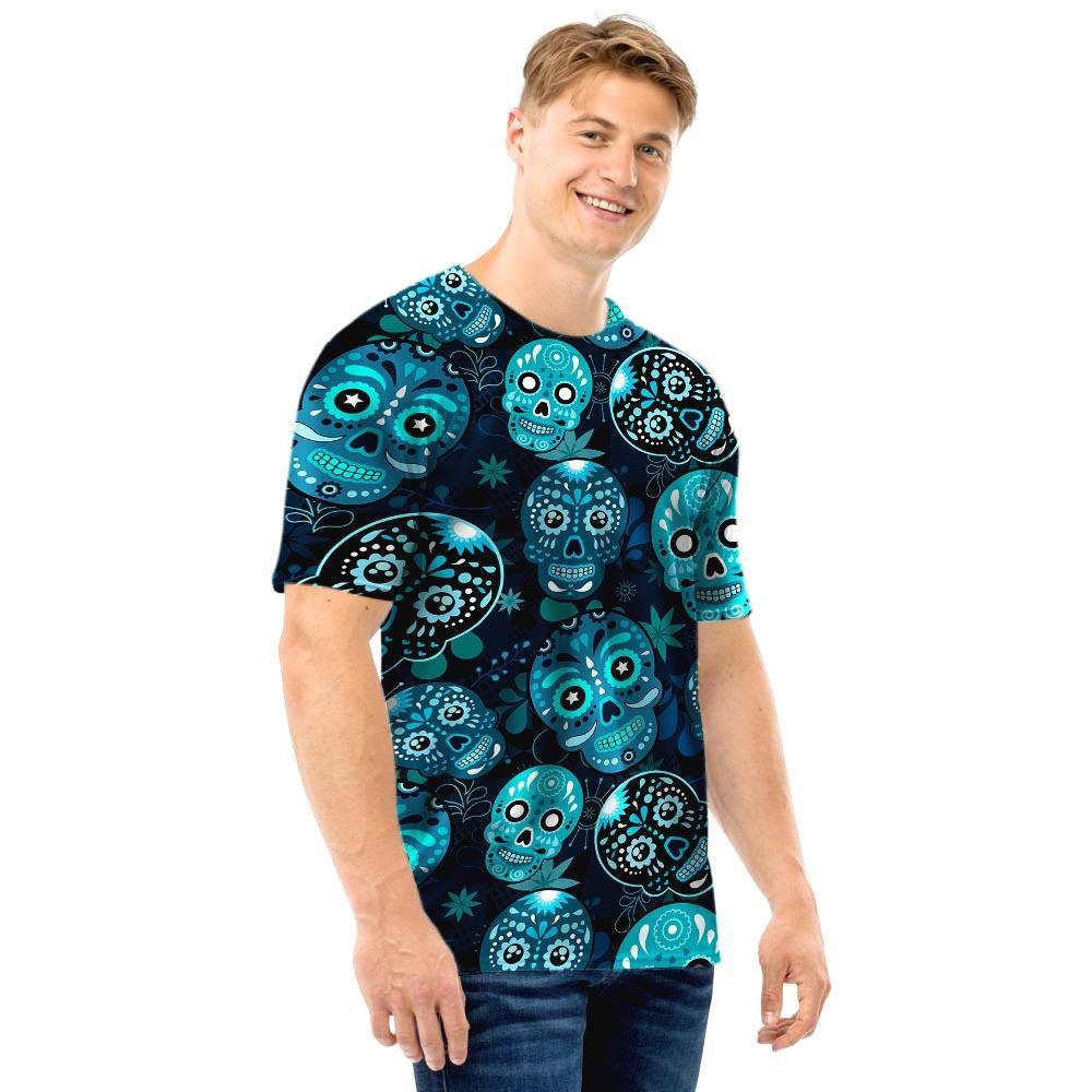 Blue Sugar Skull Print Men T Shirt-grizzshop