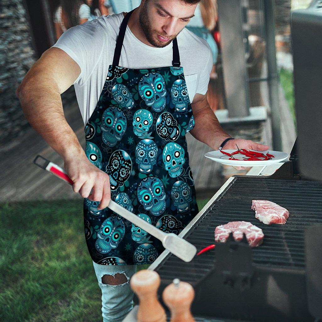 Blue Sugar Skull Print Men's Apron-grizzshop