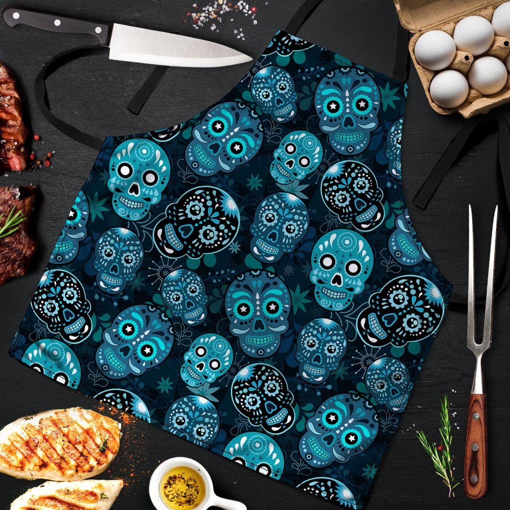 Blue Sugar Skull Print Men's Apron-grizzshop