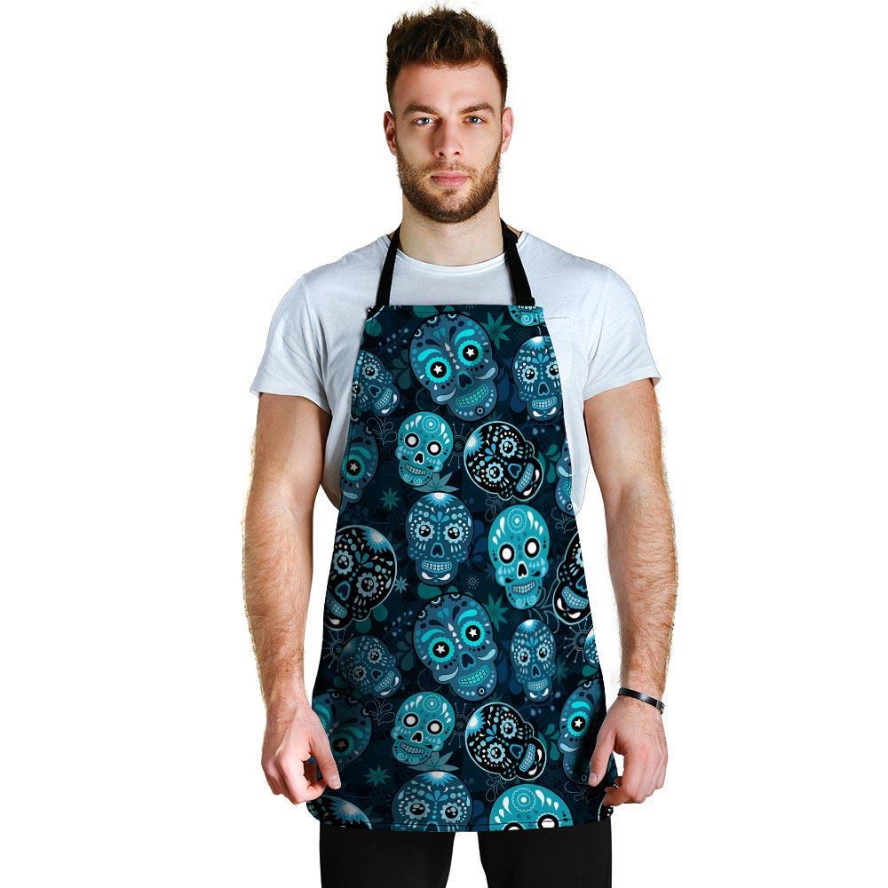 Blue Sugar Skull Print Men's Apron-grizzshop