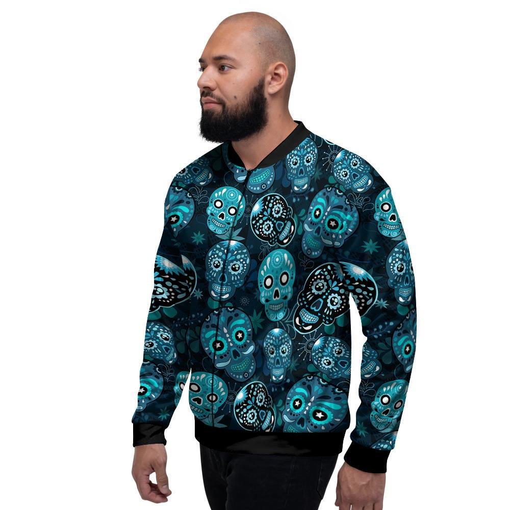 Blue Sugar Skull Print Men's Bomber Jacket-grizzshop