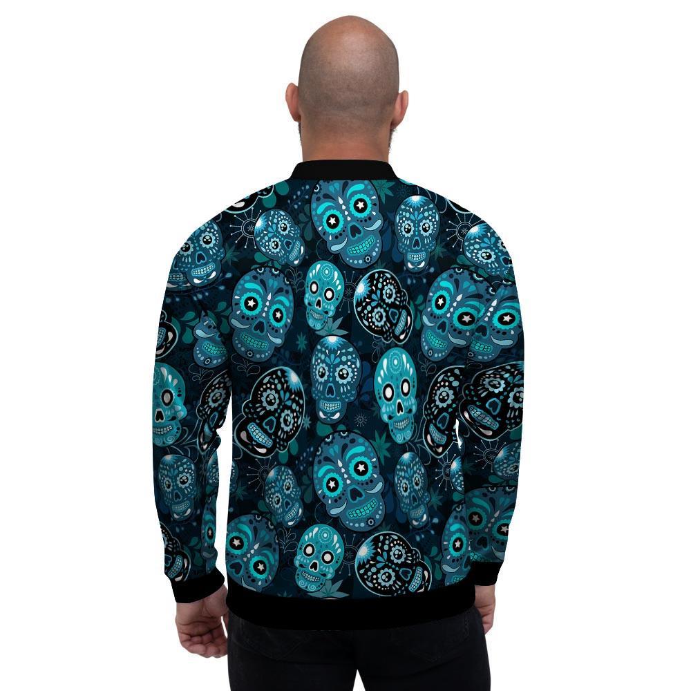 Blue Sugar Skull Print Men's Bomber Jacket-grizzshop