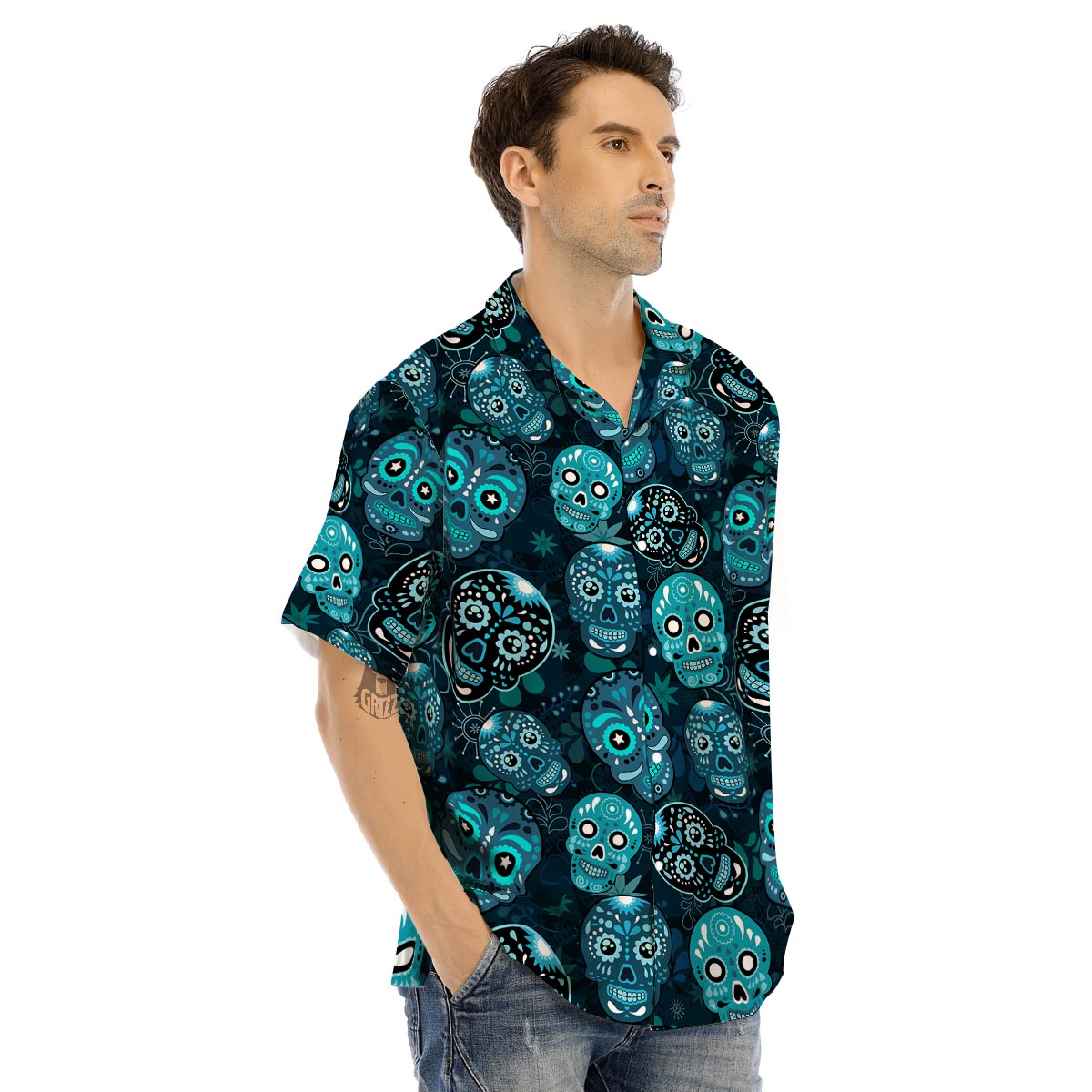 Blue Sugar Skull Print Men’s Hawaiian Shirt-grizzshop