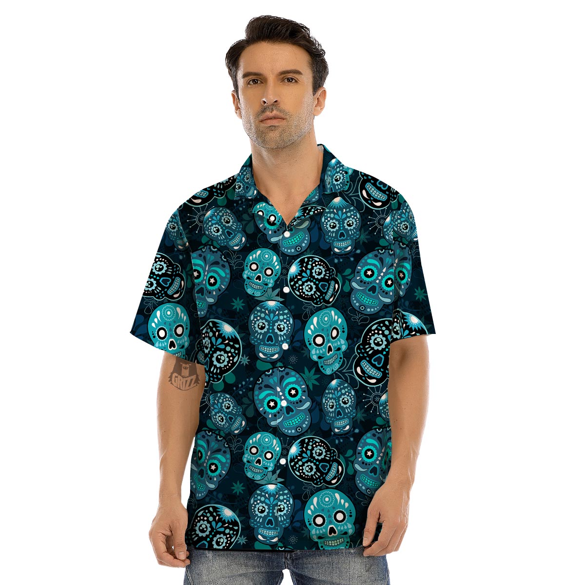 Blue Sugar Skull Print Men’s Hawaiian Shirt-grizzshop