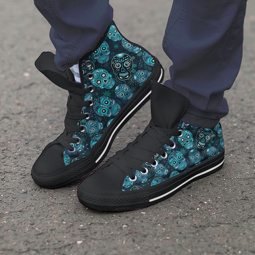 Blue Sugar Skull Print Men's High Top Shoes-grizzshop