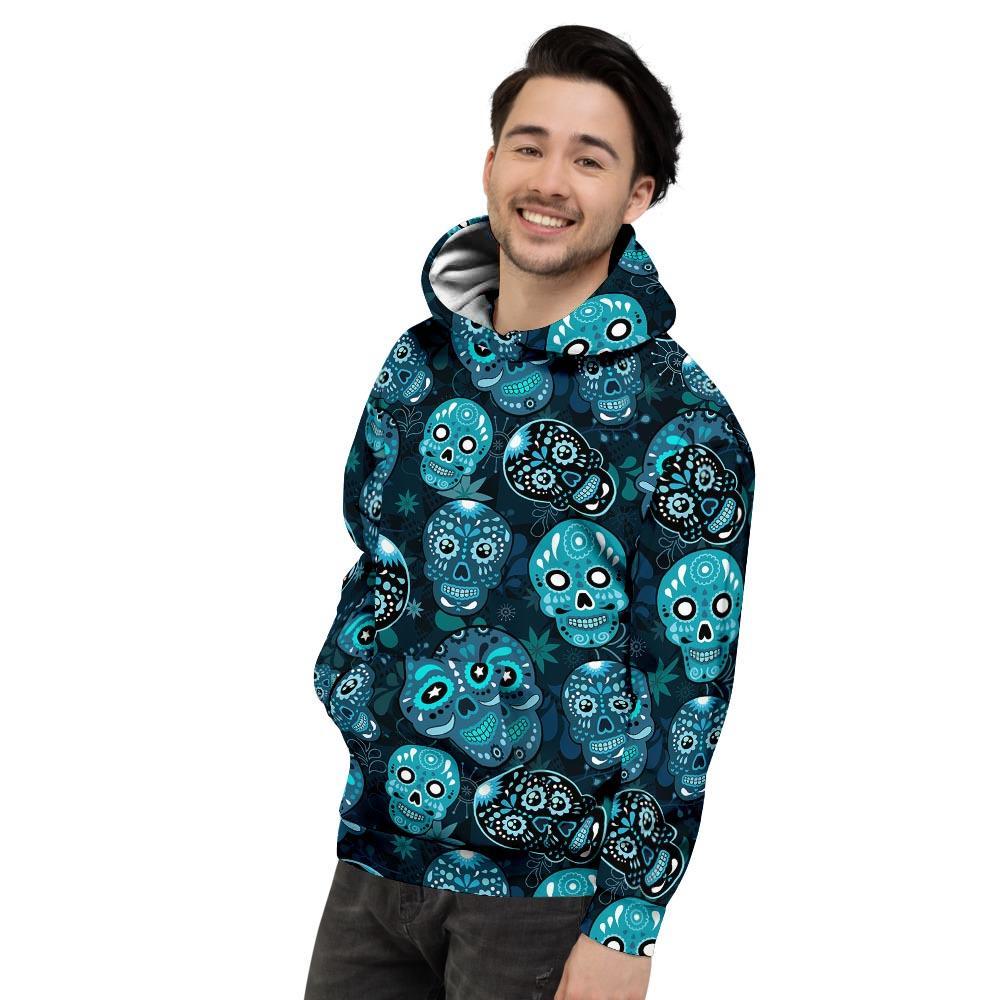 Blue Sugar Skull Print Men's Hoodie-grizzshop