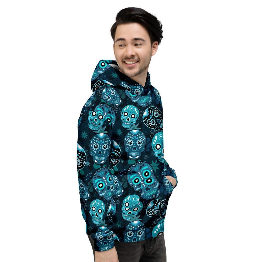 Blue Sugar Skull Print Men's Hoodie-grizzshop