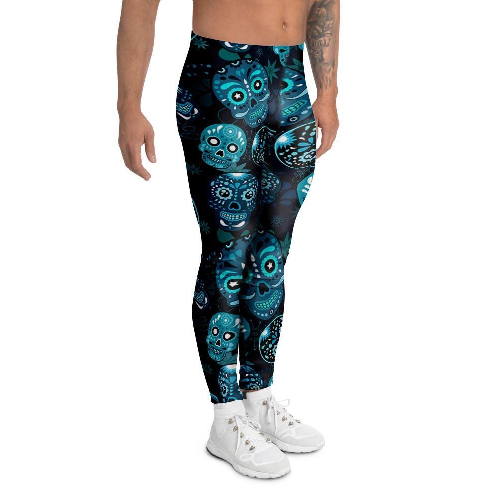 Blue Sugar Skull Print Men's Leggings-grizzshop