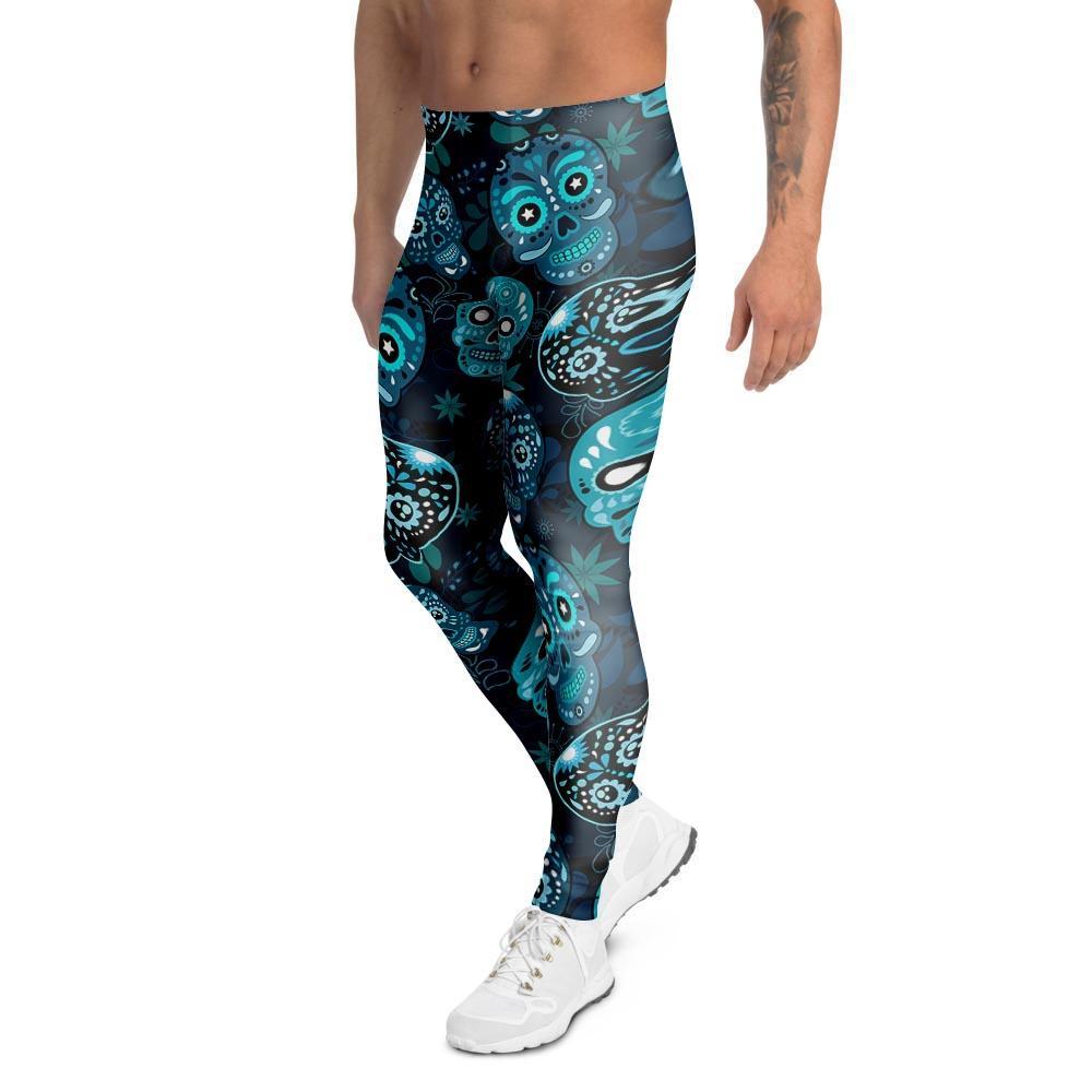 Blue Sugar Skull Print Men's Leggings-grizzshop