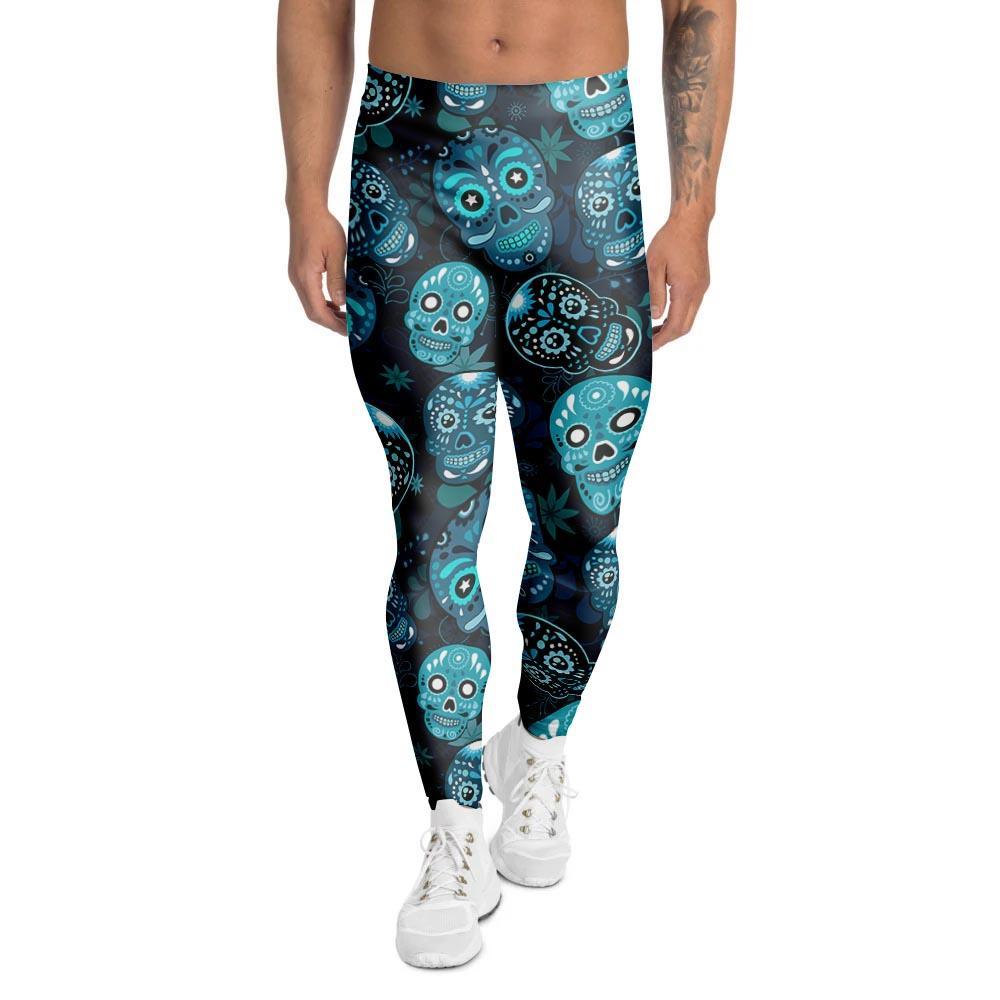 Blue Sugar Skull Print Men's Leggings-grizzshop