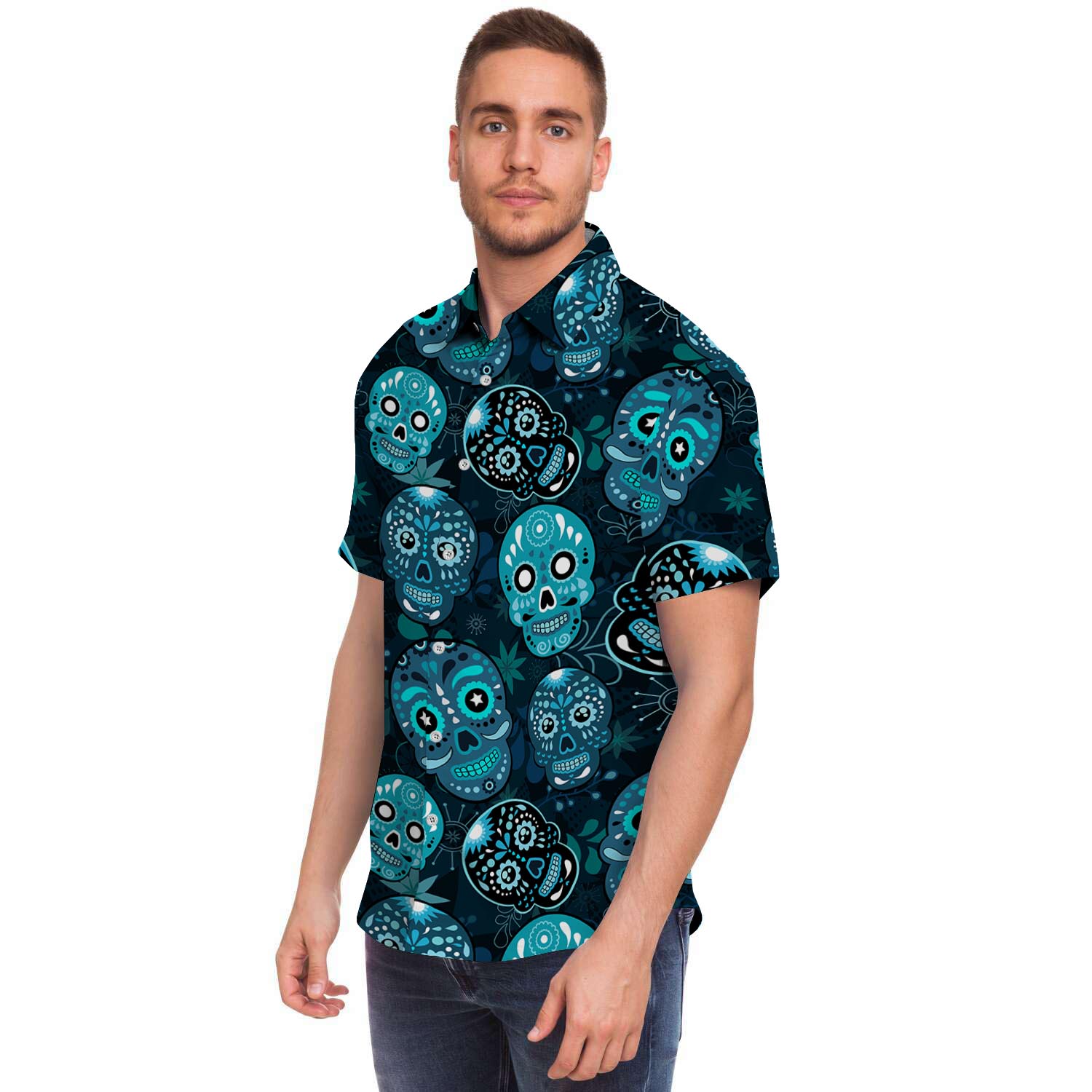 Blue Sugar Skull Print Men's Short Sleeve Shirt-grizzshop