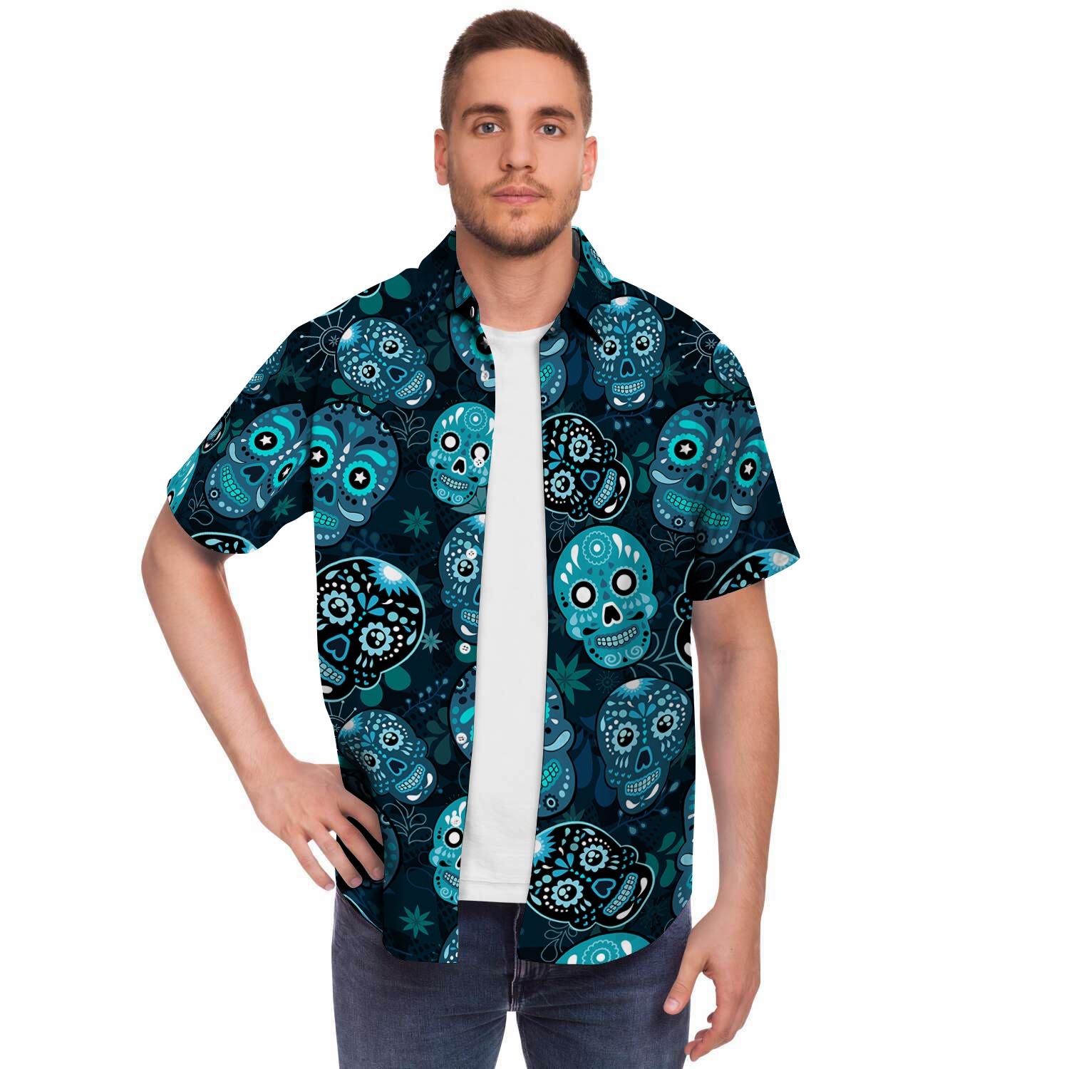 Blue Sugar Skull Print Men's Short Sleeve Shirt-grizzshop