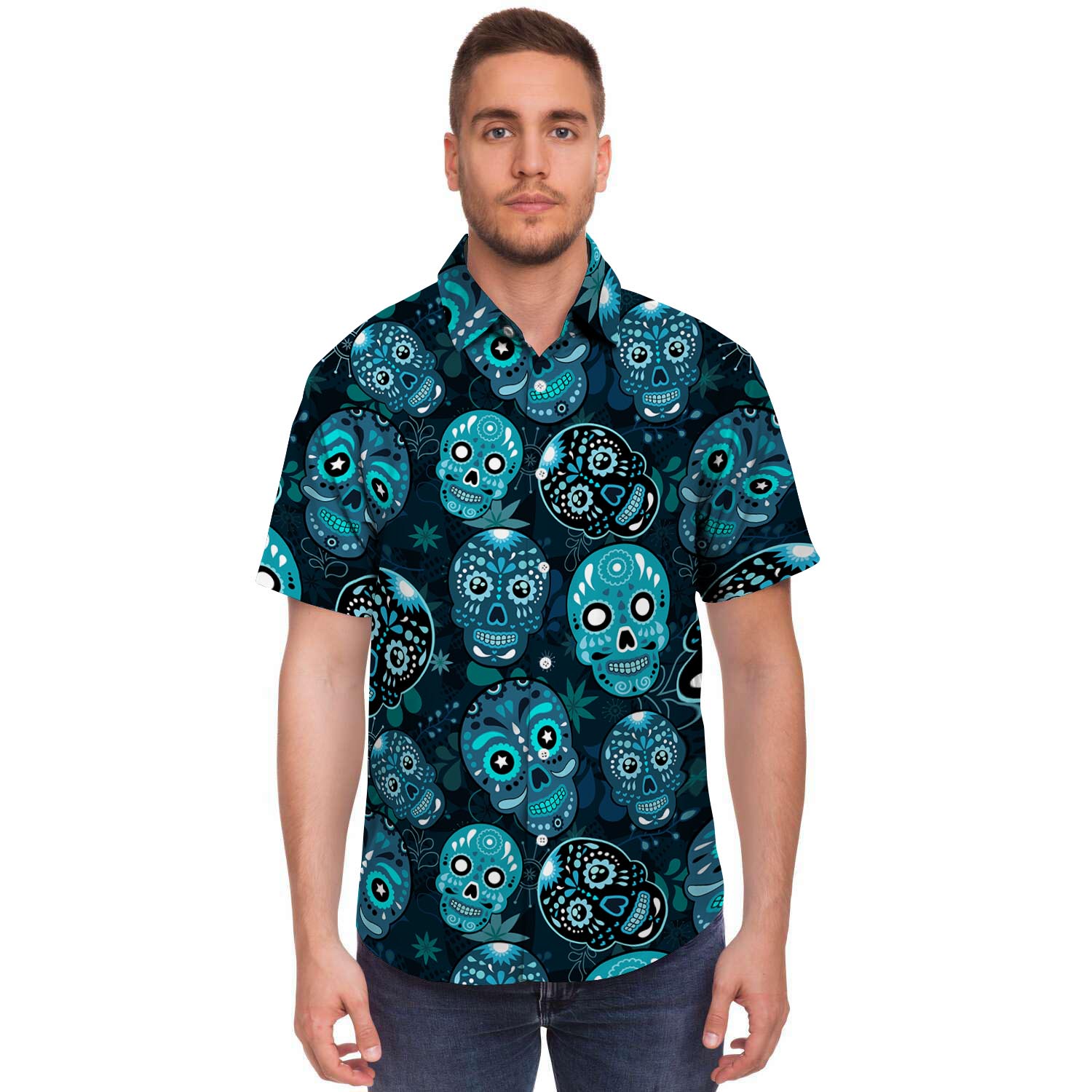 Blue Sugar Skull Print Men's Short Sleeve Shirt-grizzshop