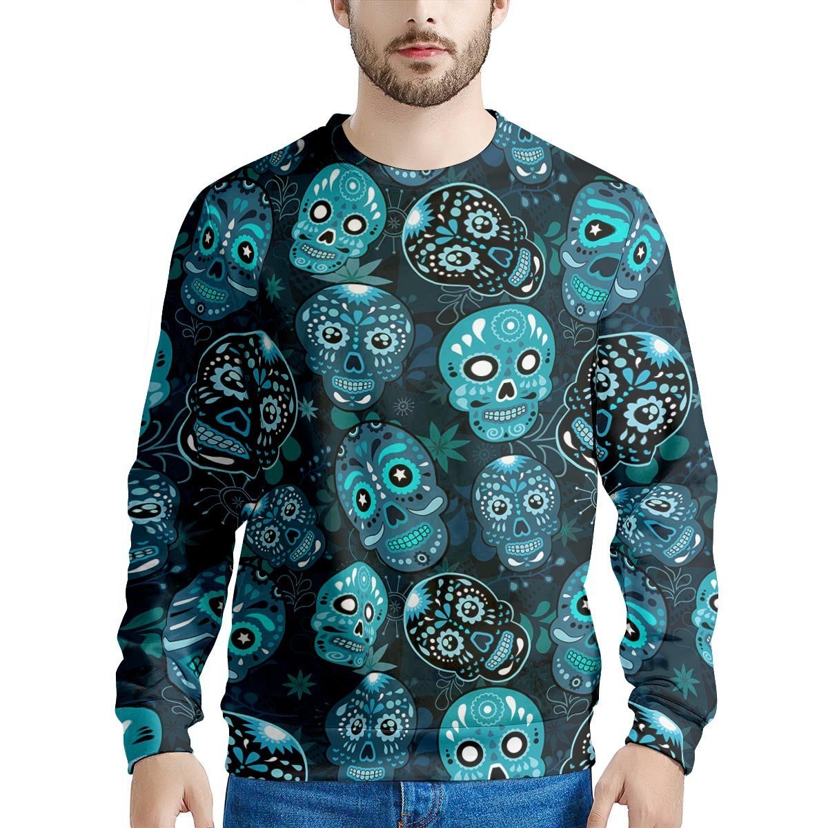 Blue Sugar Skull Print Men's Sweatshirt-grizzshop