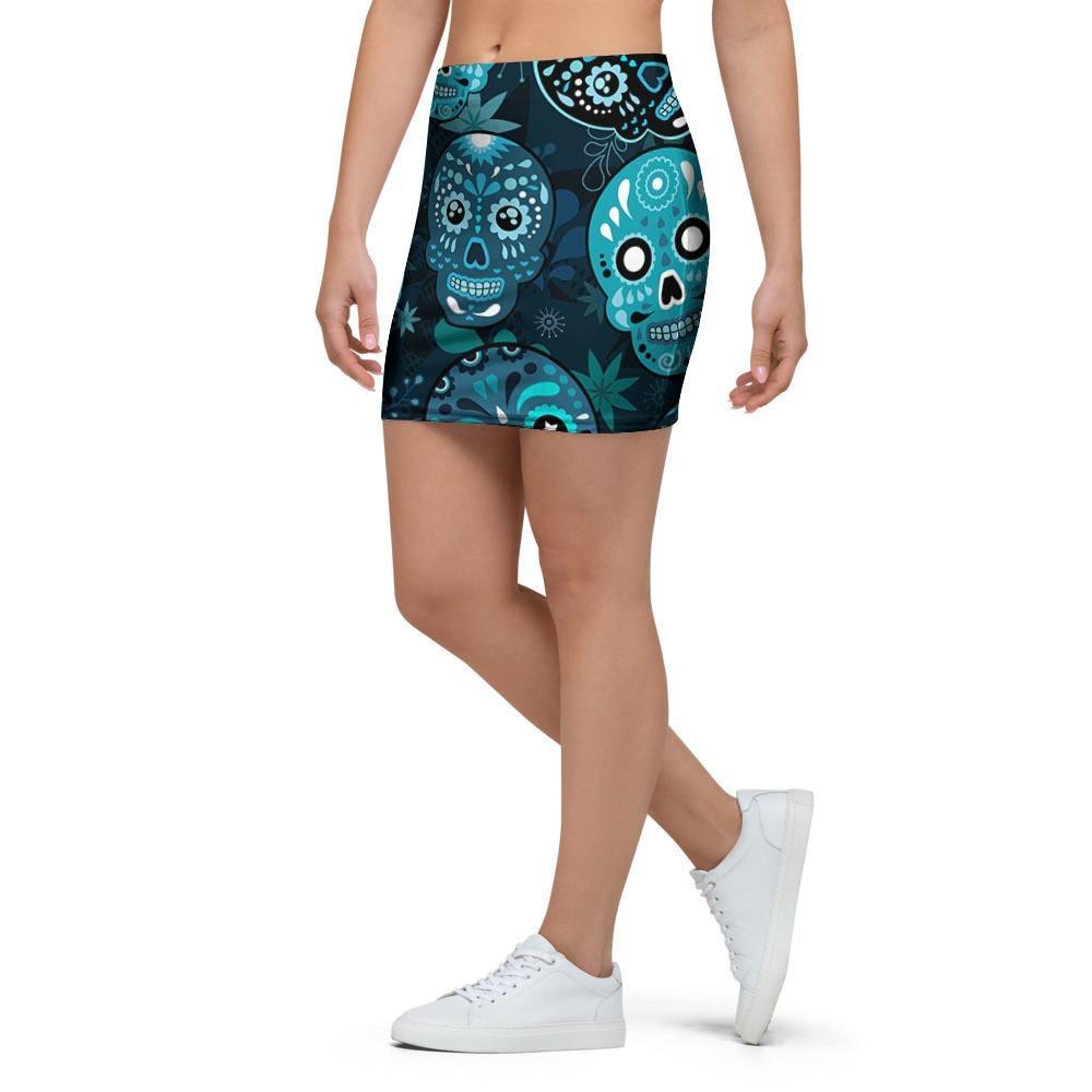 Blue Sugar Skull Print Mini Skirt-grizzshop