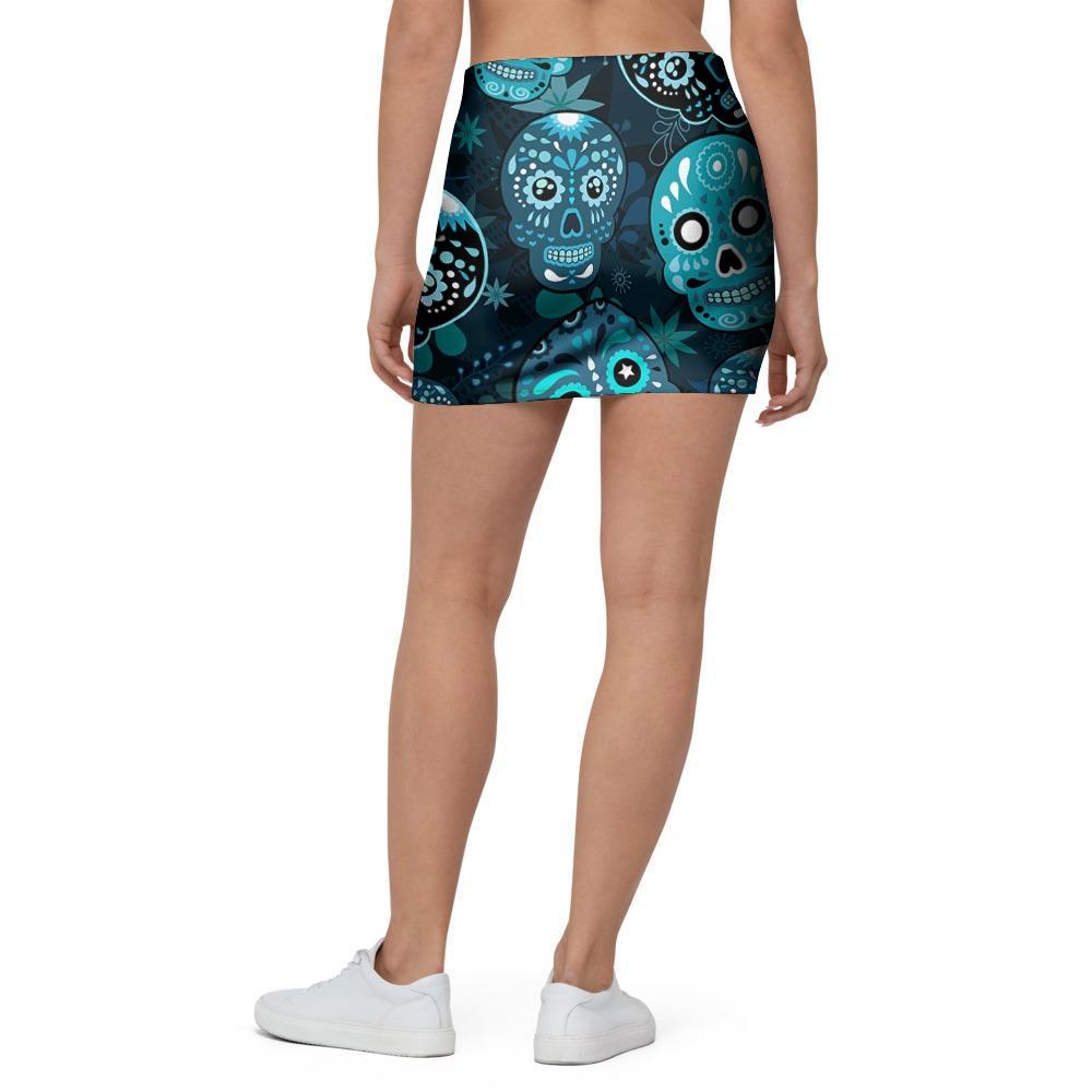 Blue Sugar Skull Print Mini Skirt-grizzshop