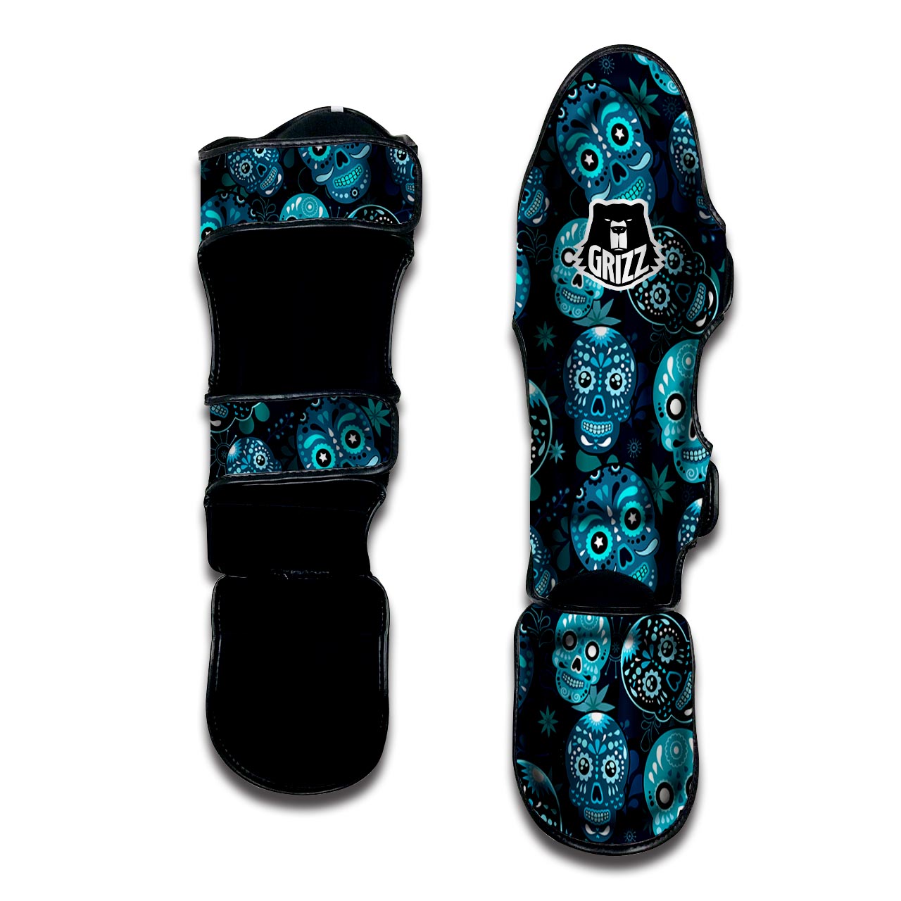 Blue Sugar Skull Print Muay Thai Shin Guard-grizzshop