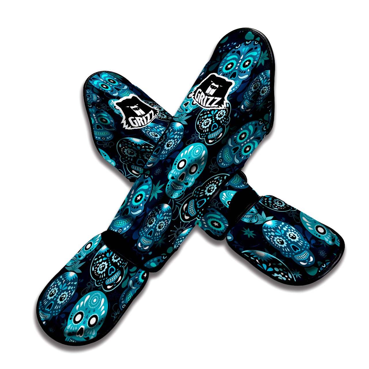 Blue Sugar Skull Print Muay Thai Shin Guard-grizzshop