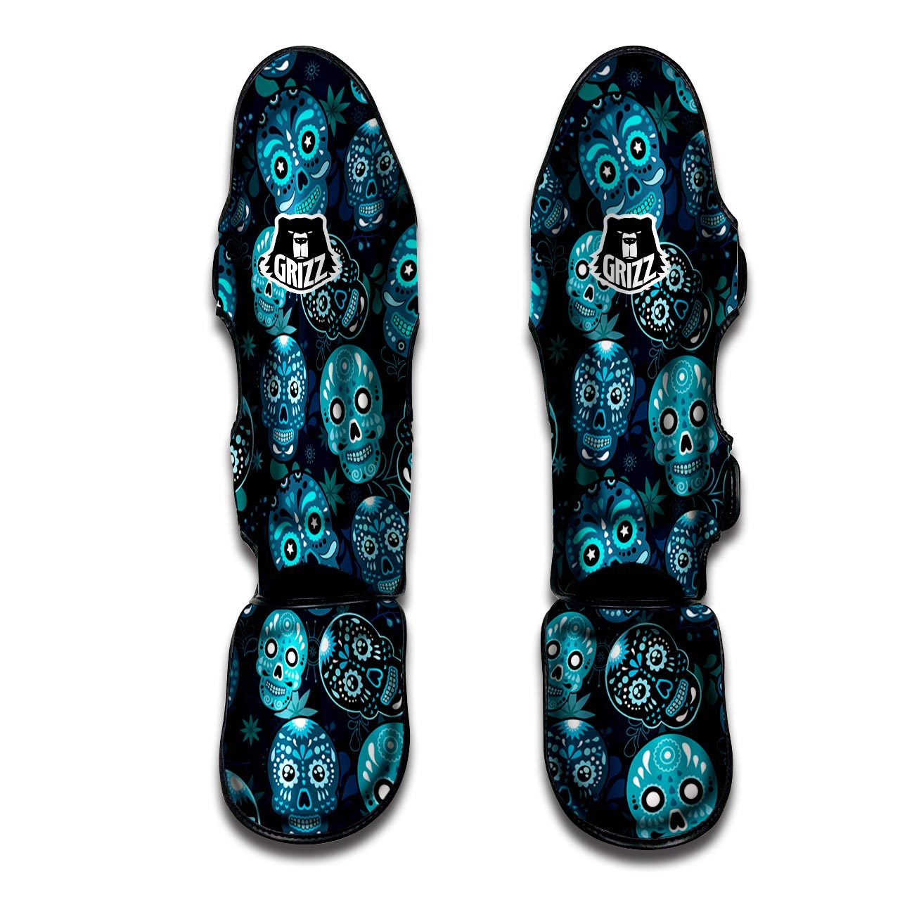 Blue Sugar Skull Print Muay Thai Shin Guard-grizzshop