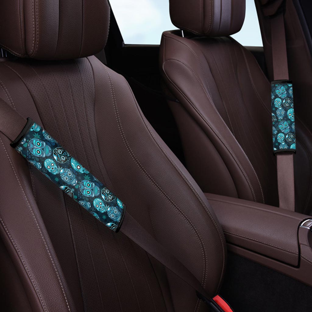 Blue Sugar Skull Print Seat Belt Cover-grizzshop