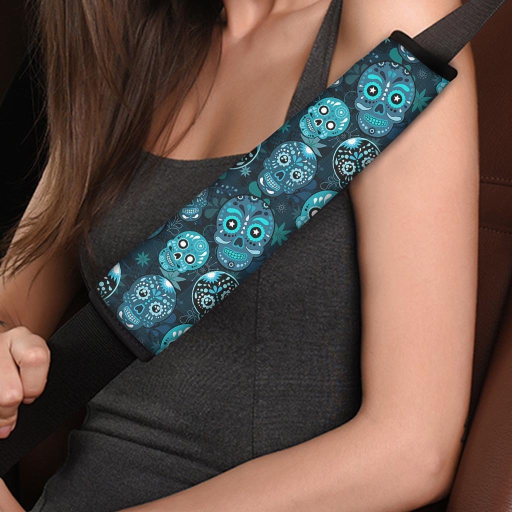 Blue Sugar Skull Print Seat Belt Cover-grizzshop