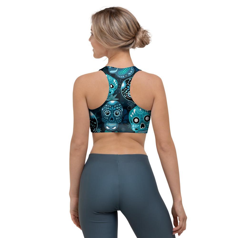 Blue Sugar Skull Print Sports Bra-grizzshop