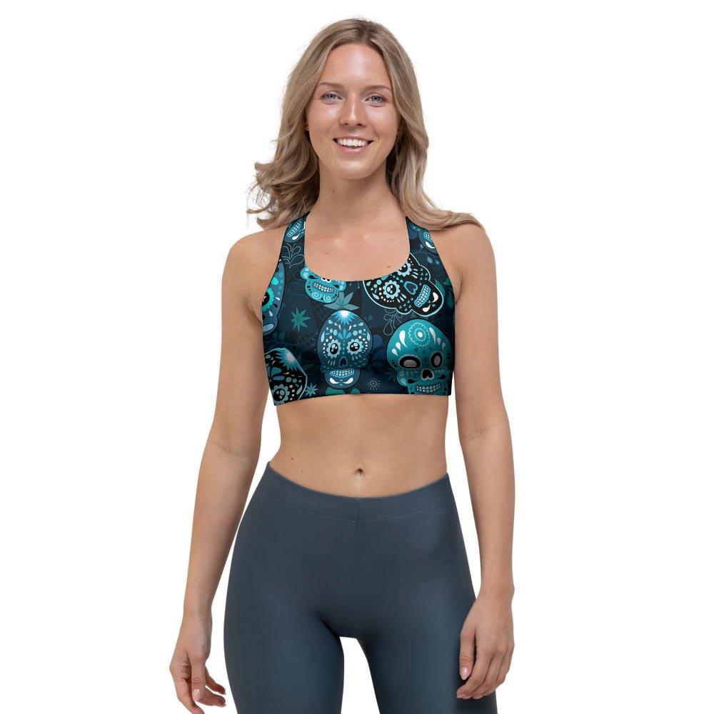 Blue Sugar Skull Print Sports Bra-grizzshop