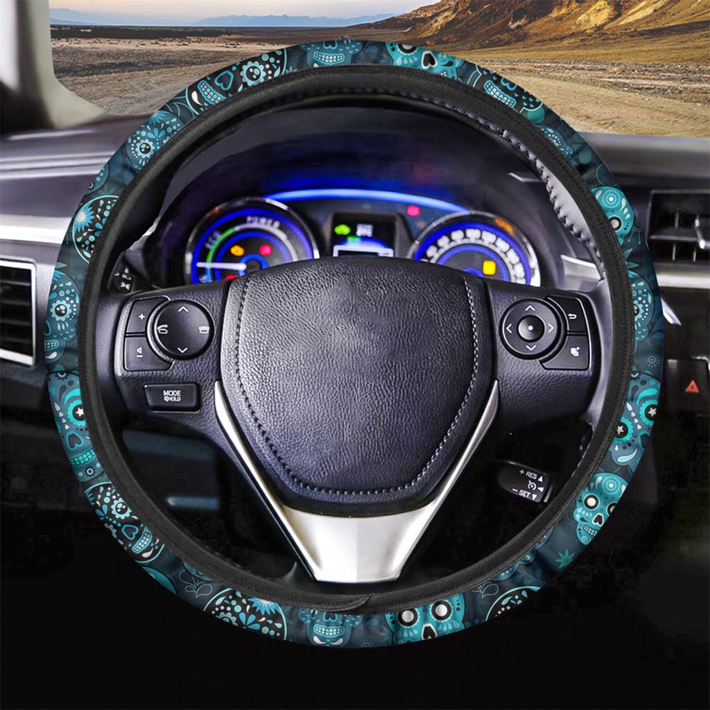 Blue Sugar Skull Print Steering Wheel Cover-grizzshop