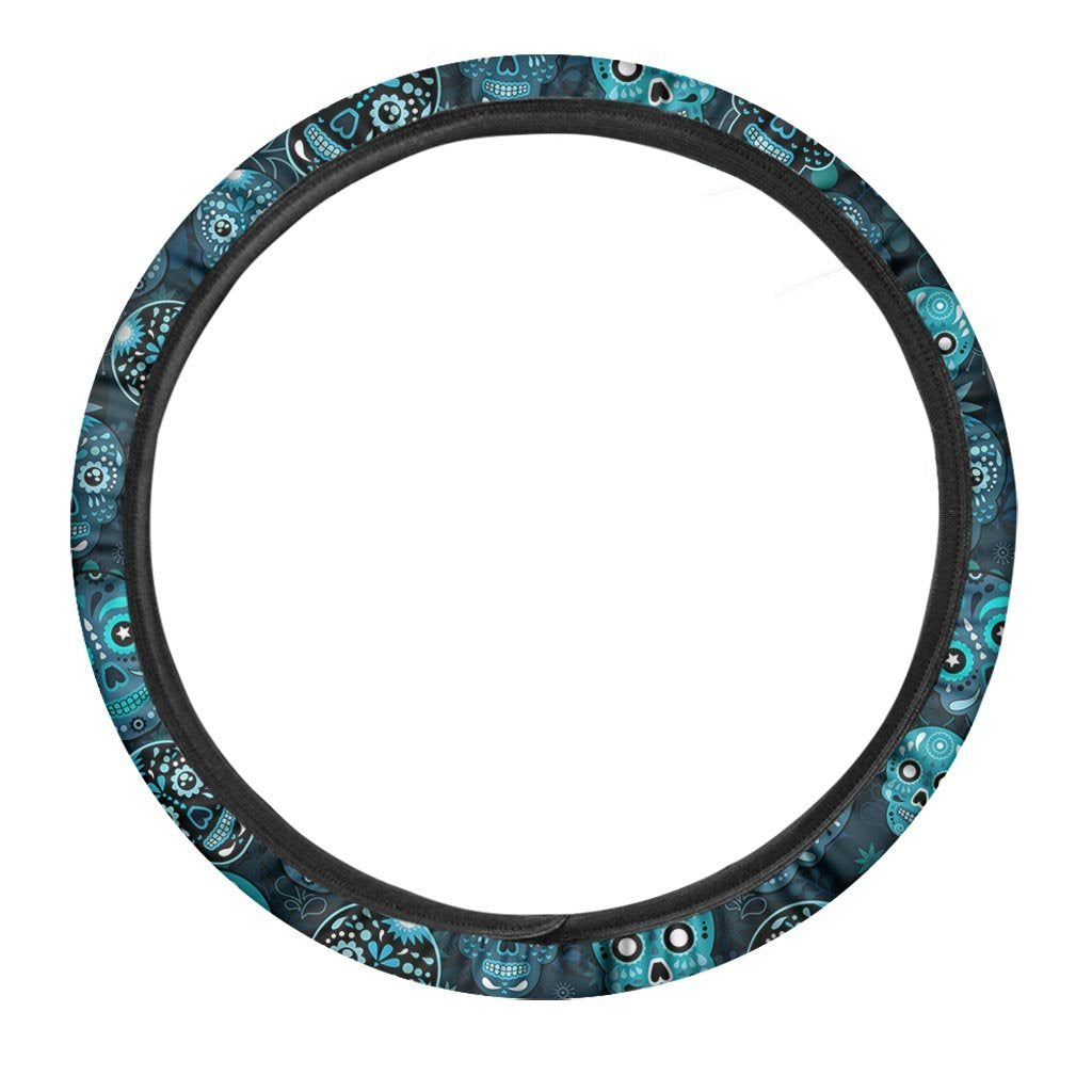 Blue Sugar Skull Print Steering Wheel Cover-grizzshop