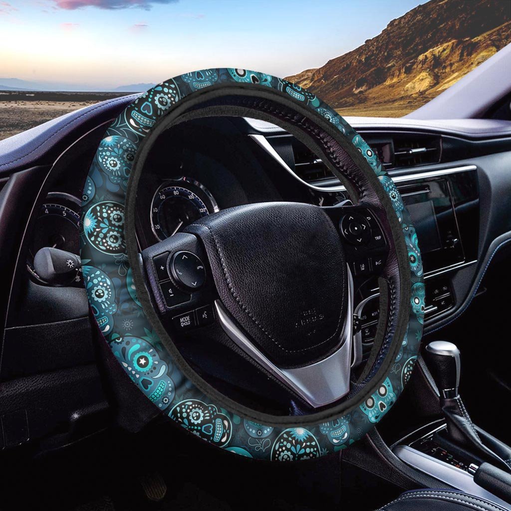 Blue Sugar Skull Print Steering Wheel Cover-grizzshop