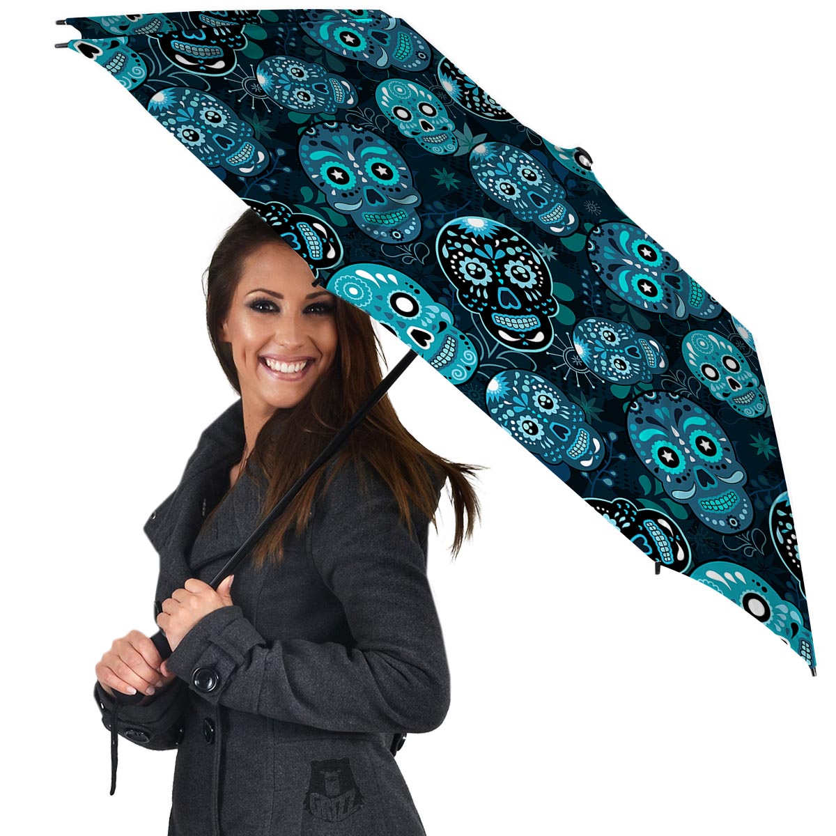 Blue Sugar Skull Print Umbrella-grizzshop