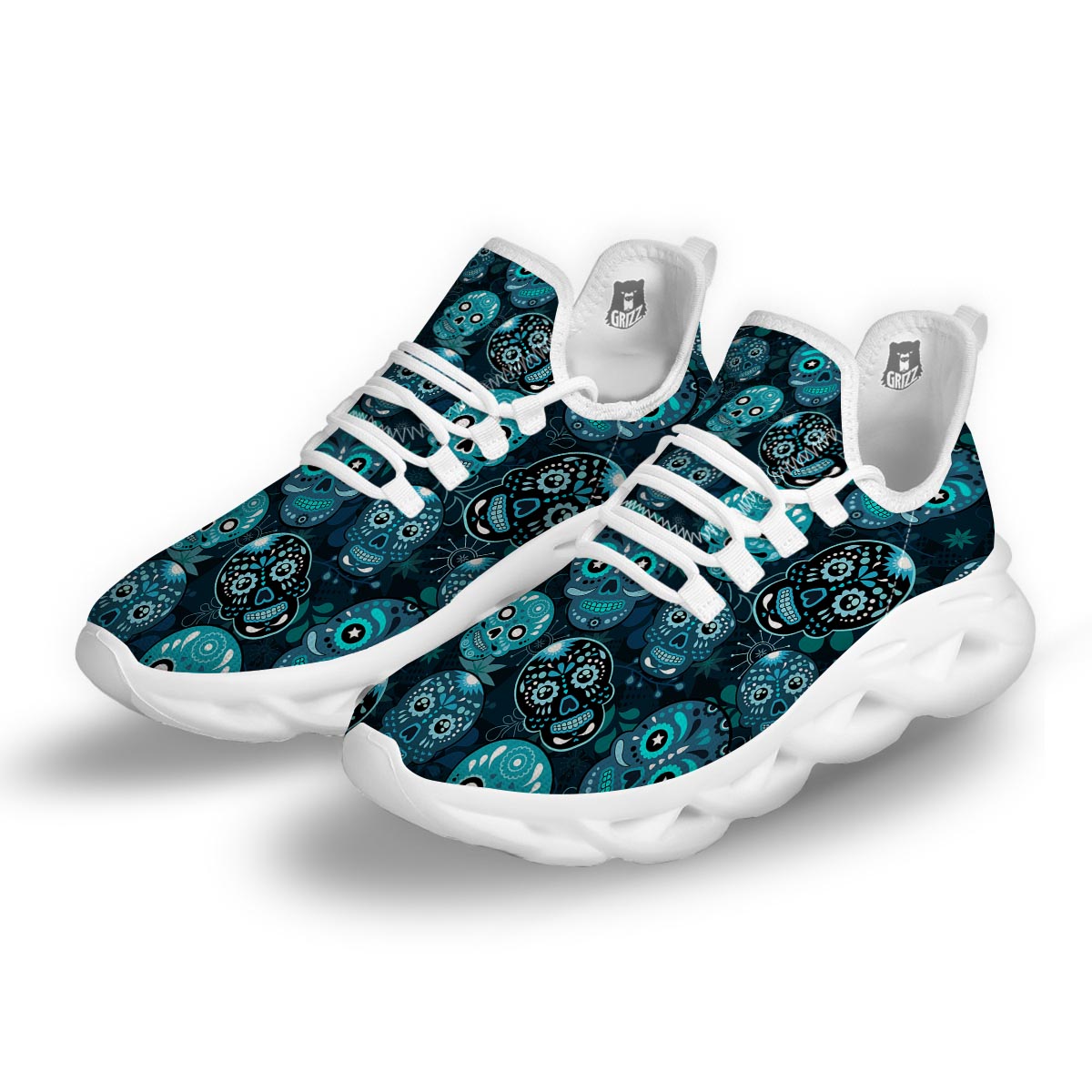 Blue Sugar Skull Print White Running Shoes-grizzshop
