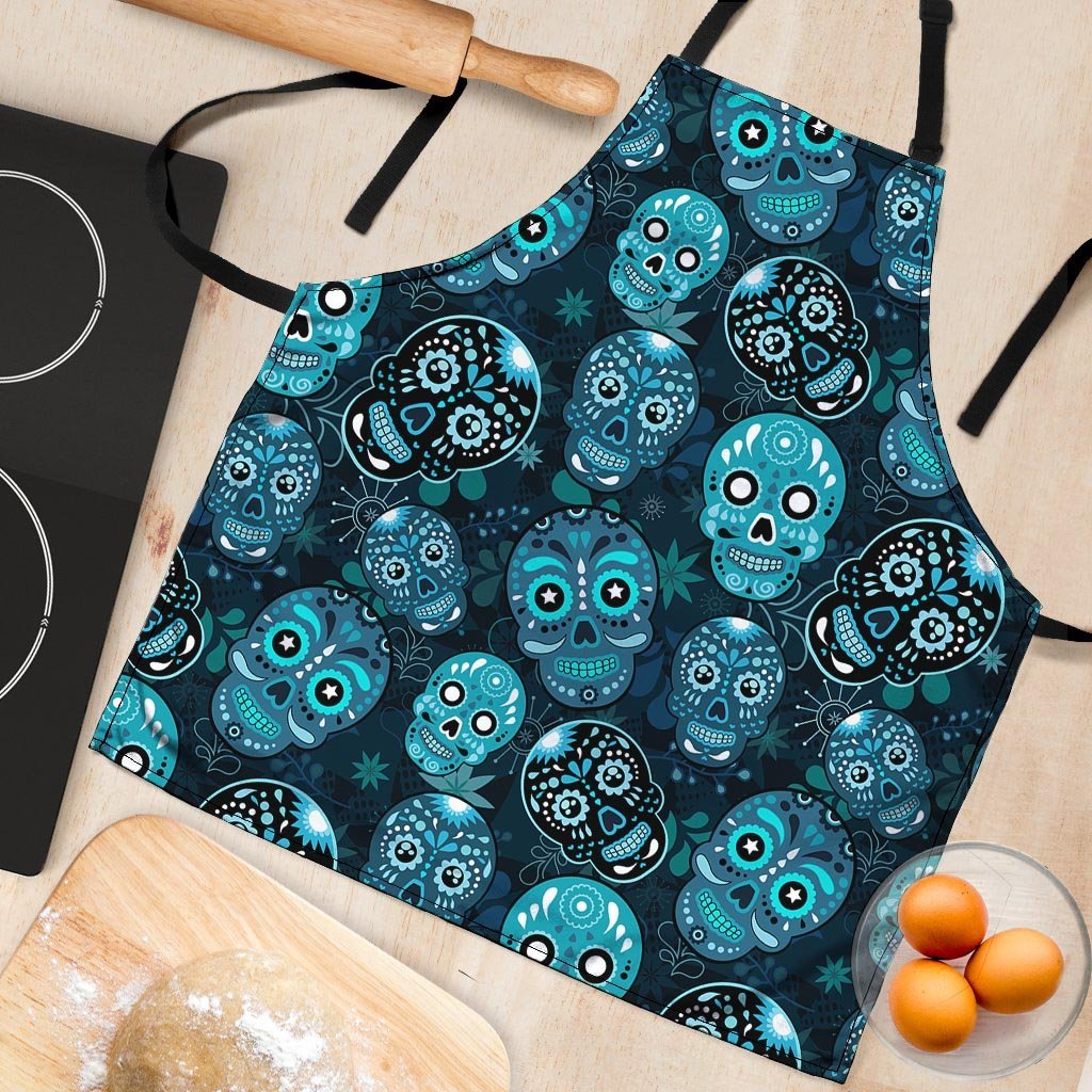 Blue Sugar Skull Print Women's Apron-grizzshop