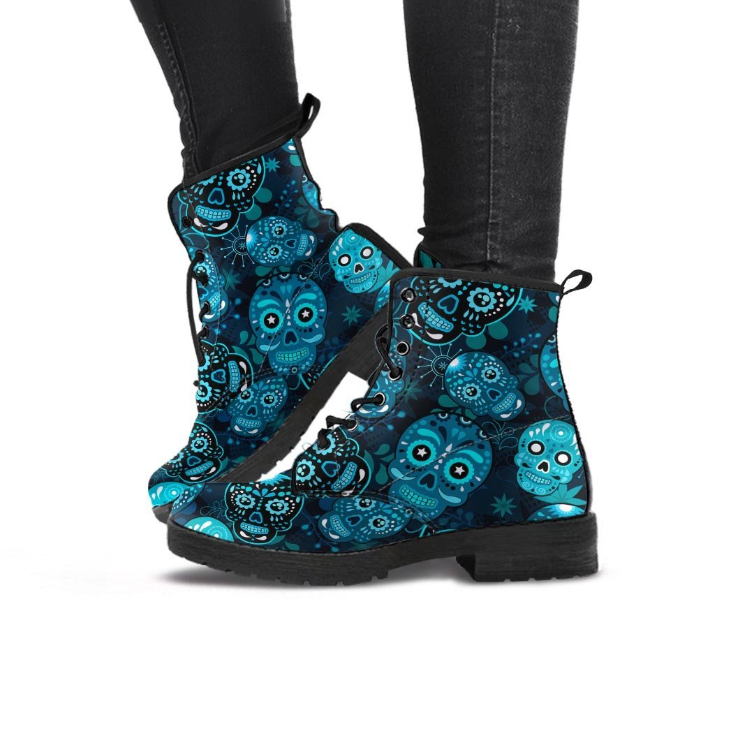 Blue Sugar Skull Print Women's Boots-grizzshop