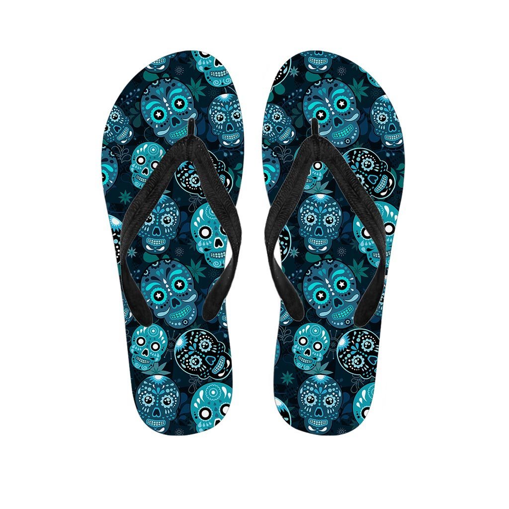 Blue Sugar Skull Print Women's Flip Flops-grizzshop
