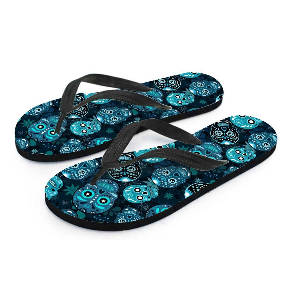 Blue Sugar Skull Print Women's Flip Flops-grizzshop