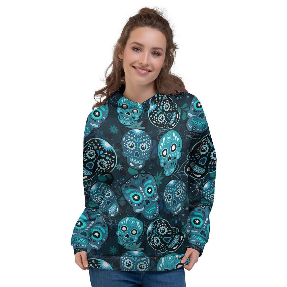 Blue Sugar Skull Print Women's Hoodie-grizzshop