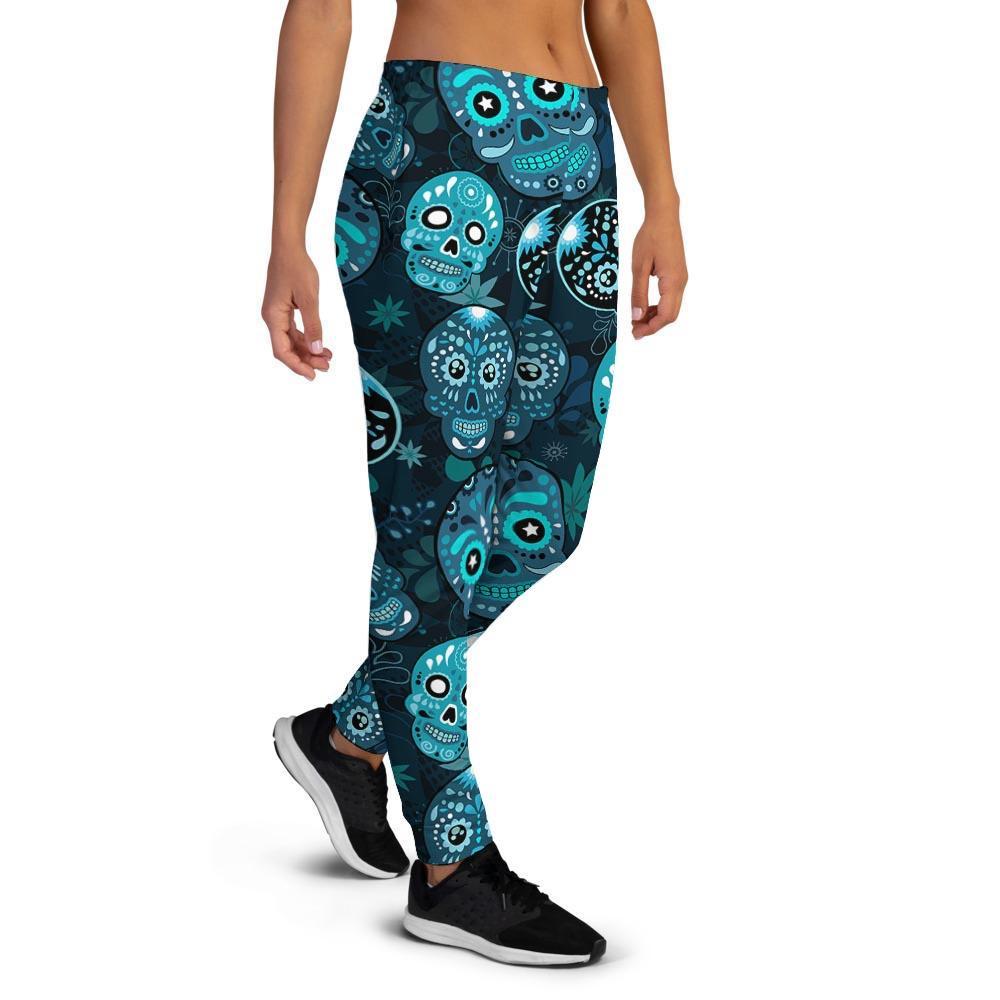 Blue Sugar Skull Print Women's Joggers-grizzshop